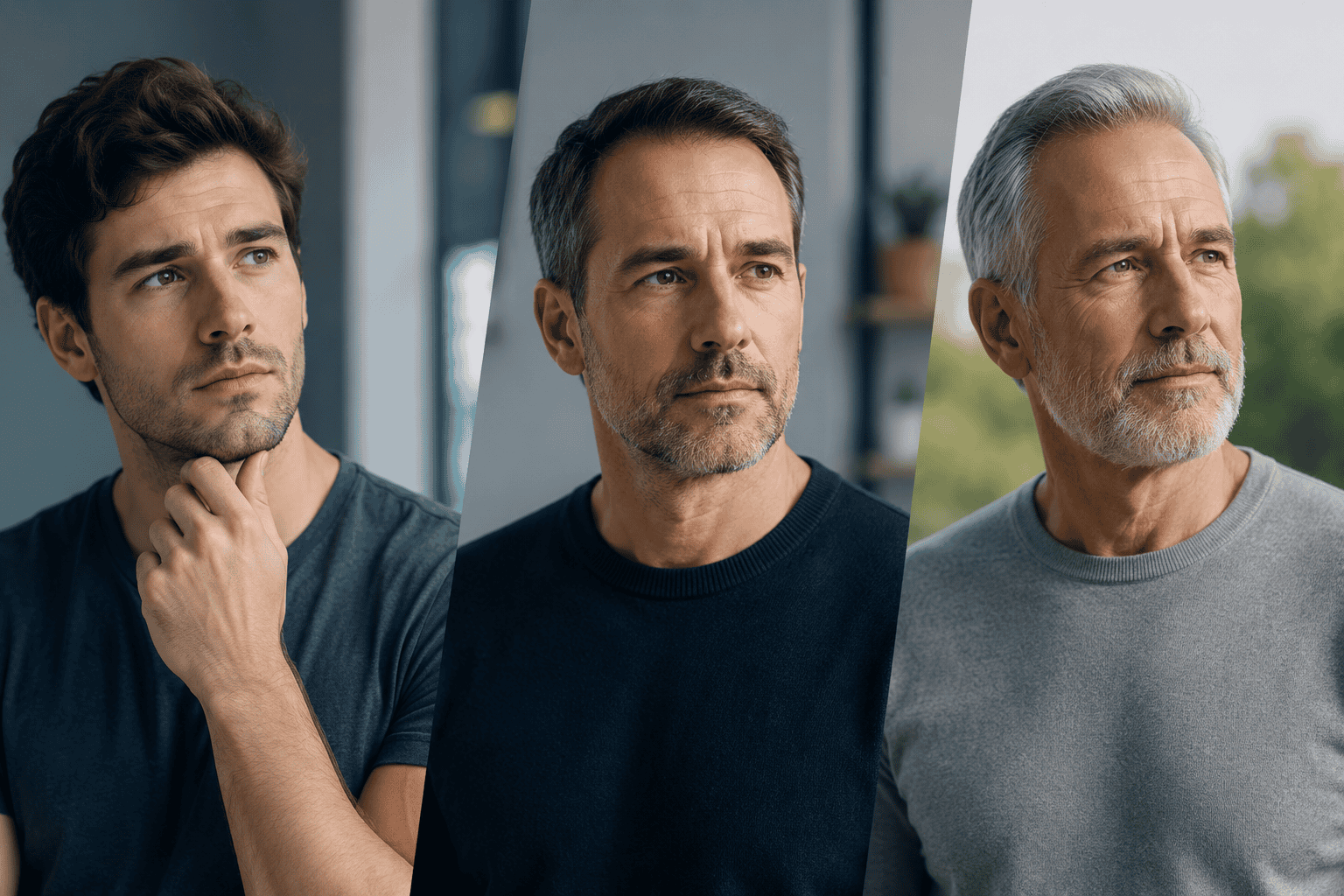 Three men of different ages contemplating health concerns at a clinic.