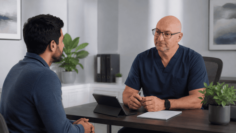 Male Health Clinic clinician discussing prostate health with a patient